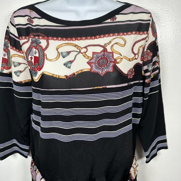 Feratelli Womens Medium Blouse Belted Art Stretch Black 3/4 Sleeves Striped - Picture 5 of 16